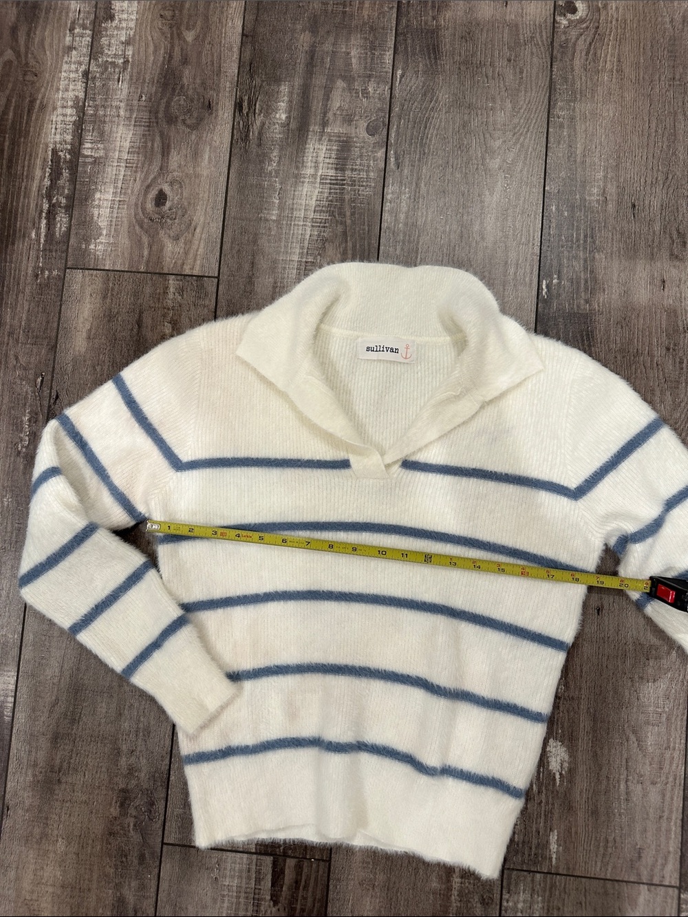 Sullivan Cream V-Neck Sweater with Blue Stripes